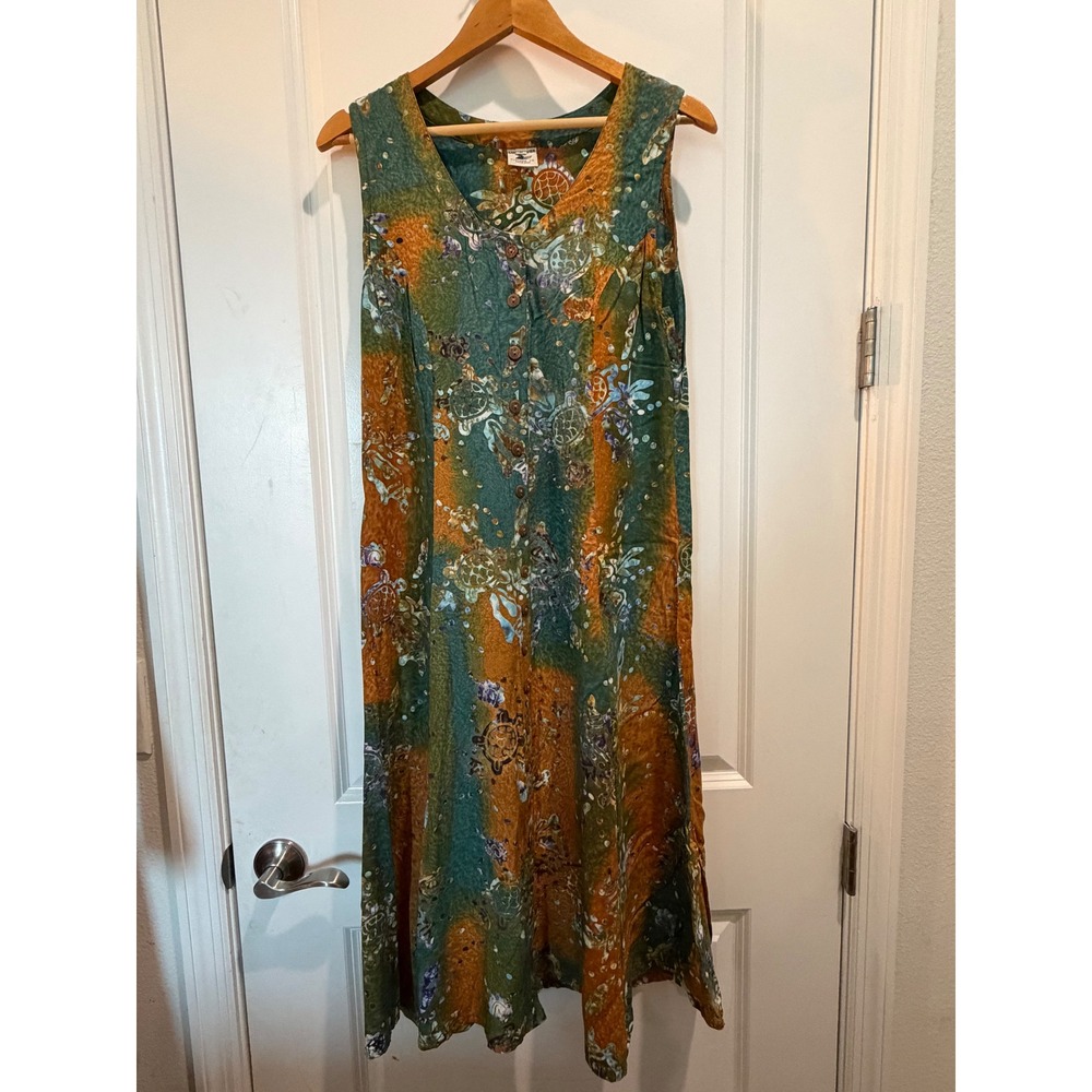 Lost River Clothing Co Batik Sea Turtle Midi Dress Green Orange Blue Womens M